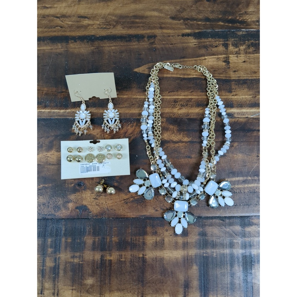 Lot Of Gold & White‎ Jewelry-, Necklace And 8pr Earrings, Multi-strand necklace